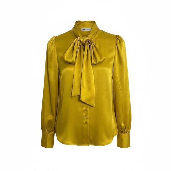Zara Satin Neck Tie Long Sleeve Button Front Blouse Yellow Size XS - Picture 1 of 9